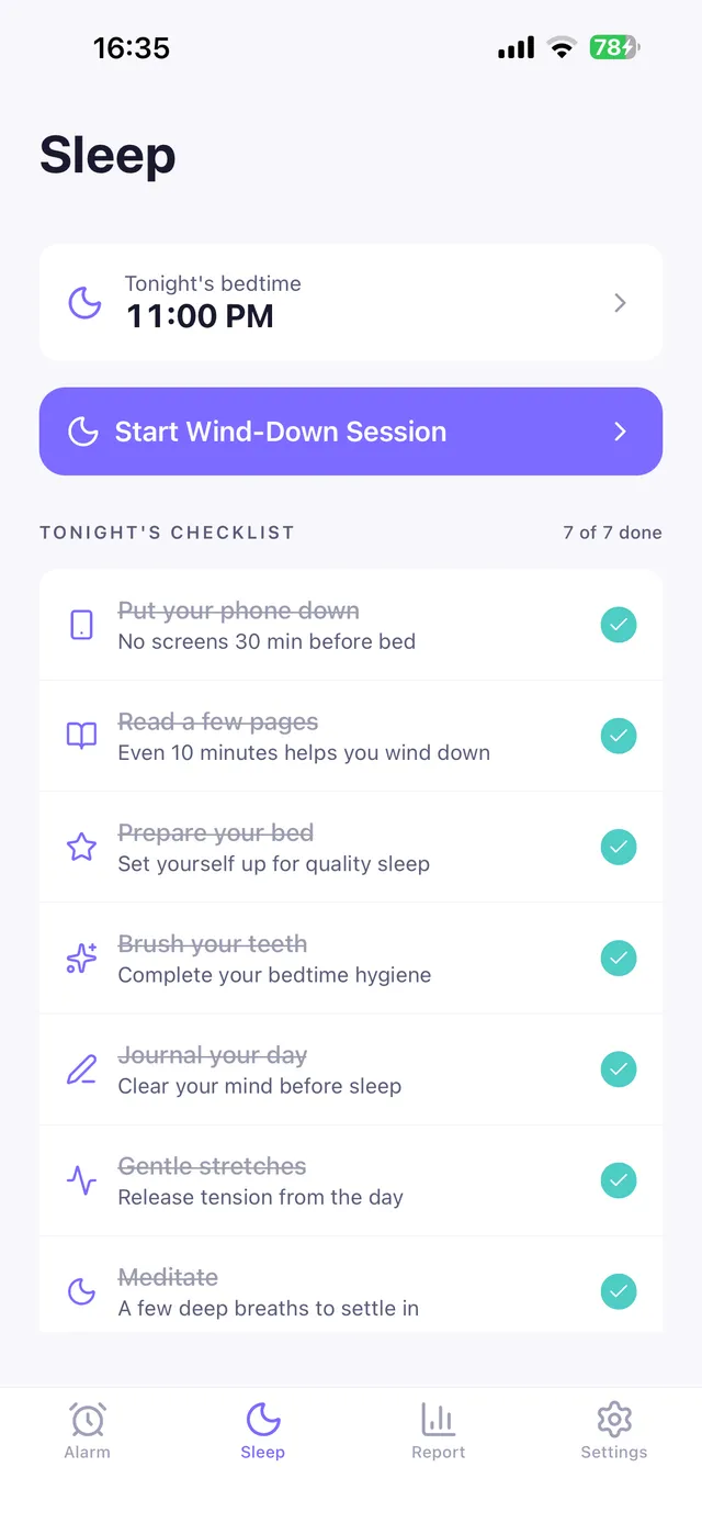OwlRoutine is the alarm that won't let you snooze your way through the morning — and the nightly wind-down that helps you fall asleep faster. Missions to get you up, a calmer evening, and a sleep score that keeps you honest.