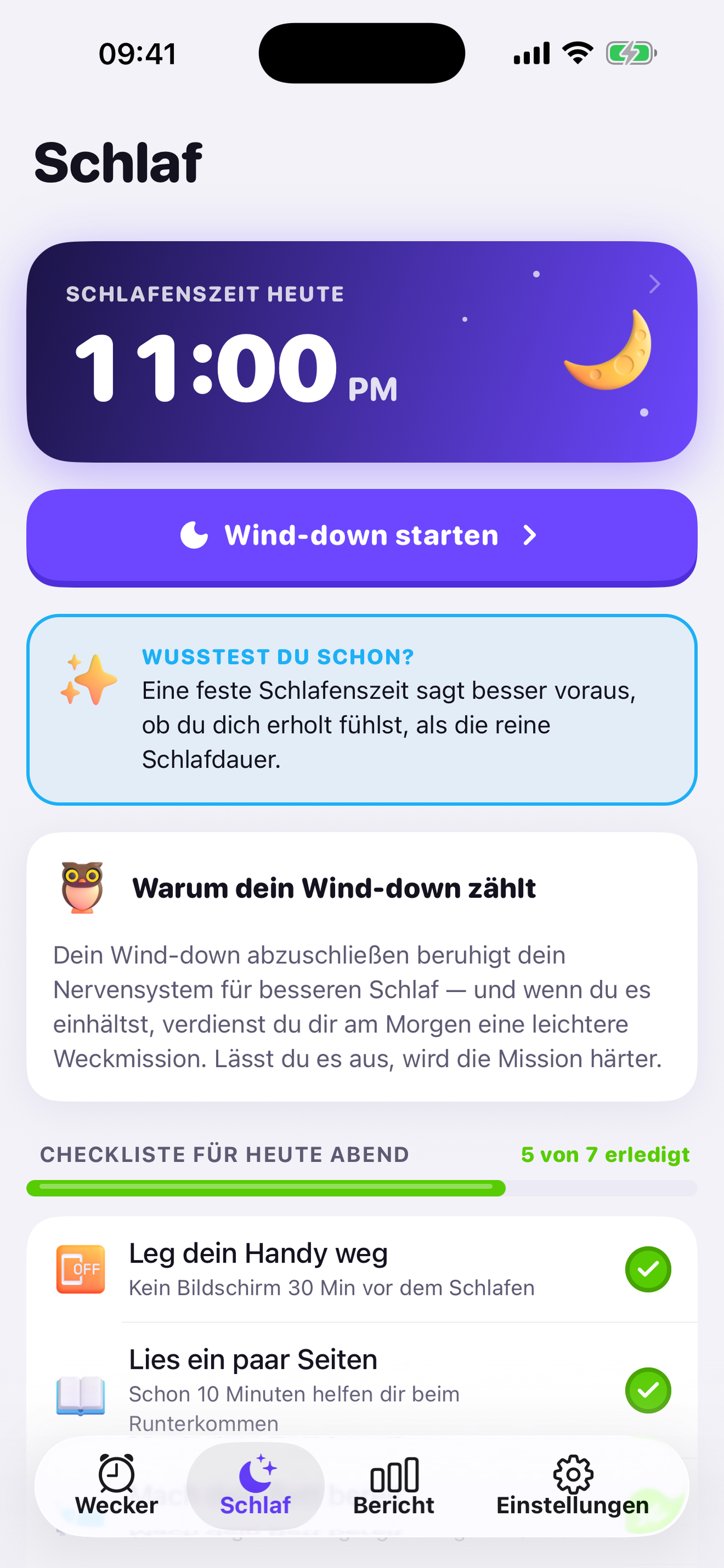Heutige Schlafenszeit und Abend-Checkliste
