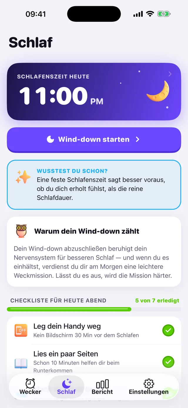 OwlRoutine-Schlafbildschirm mit heutiger Schlafenszeit und Abend-Checkliste
