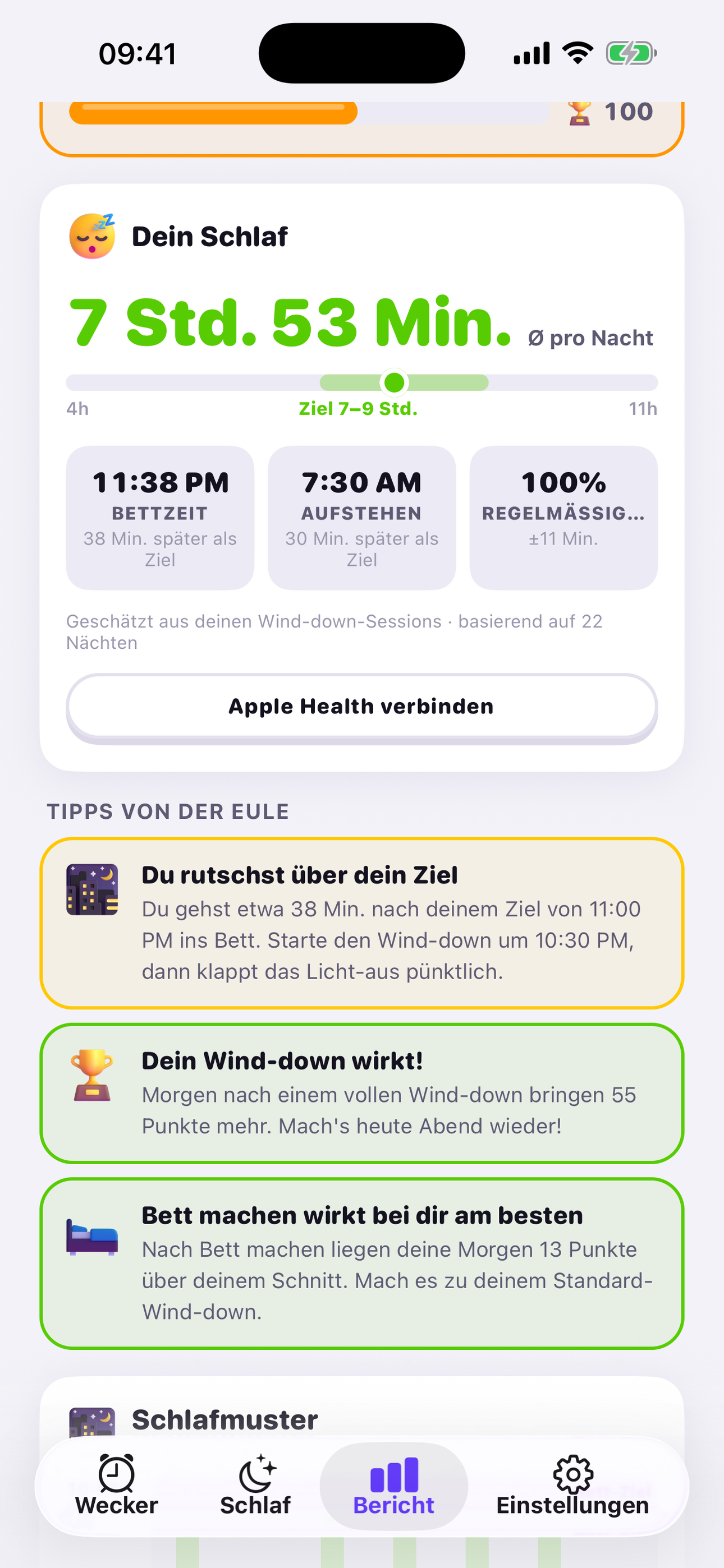 Durchschnittlicher Schlaf, Schlafens- & Aufstehzeit, Regelmäßigkeit