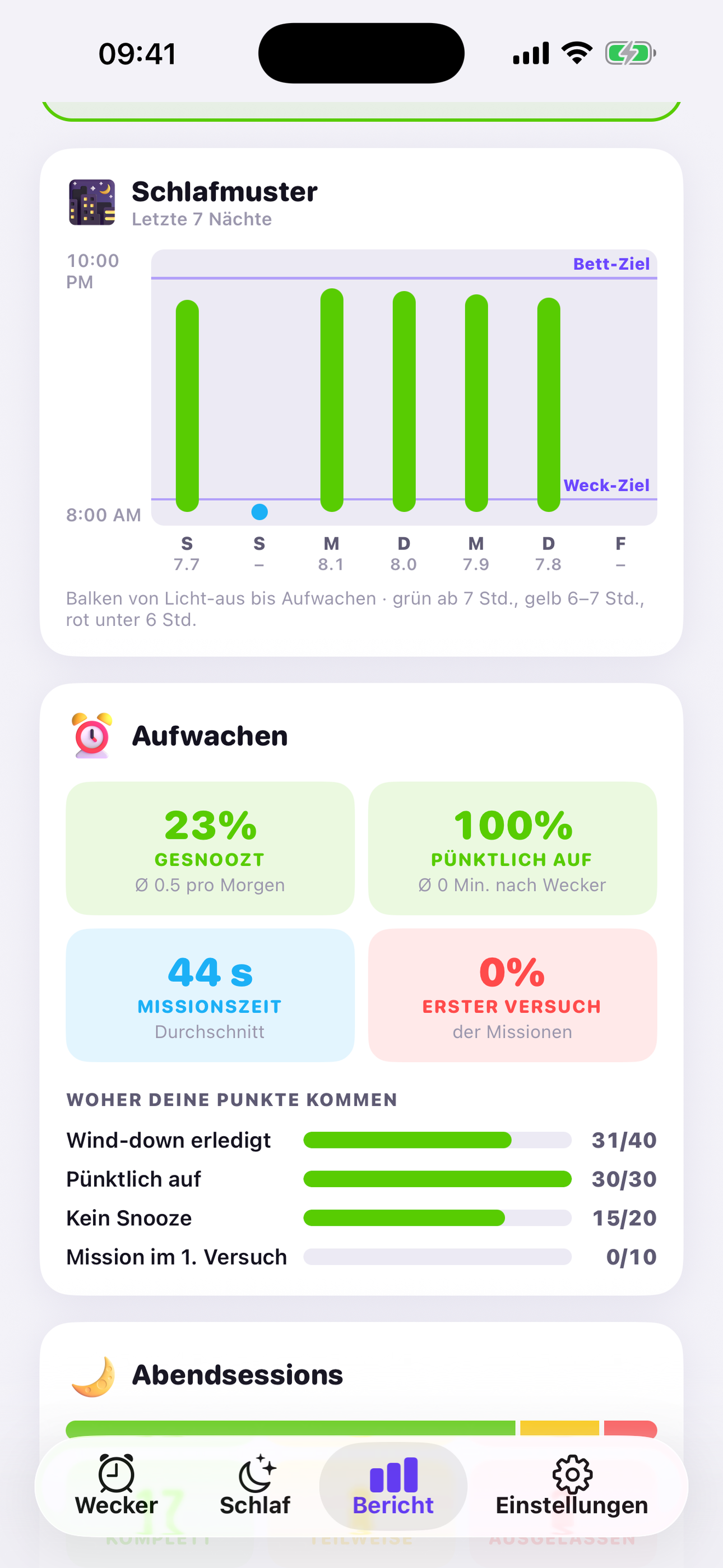 Deine letzten 7 Nächte auf einen Blick, vom Zubettgehen bis zum Aufwachen