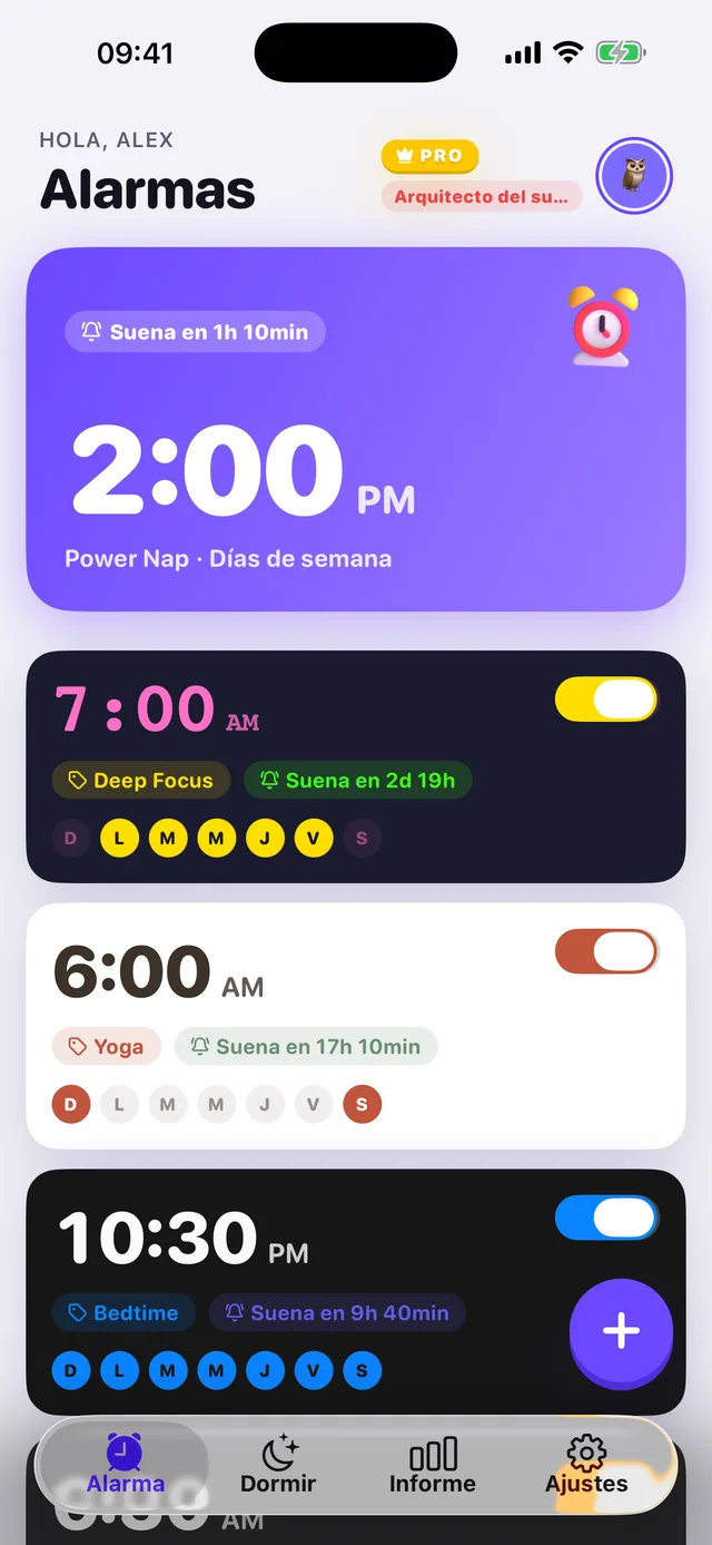 Pantalla de alarmas de OwlRoutine con alarmas etiquetadas y la cuenta atrás hasta la próxima