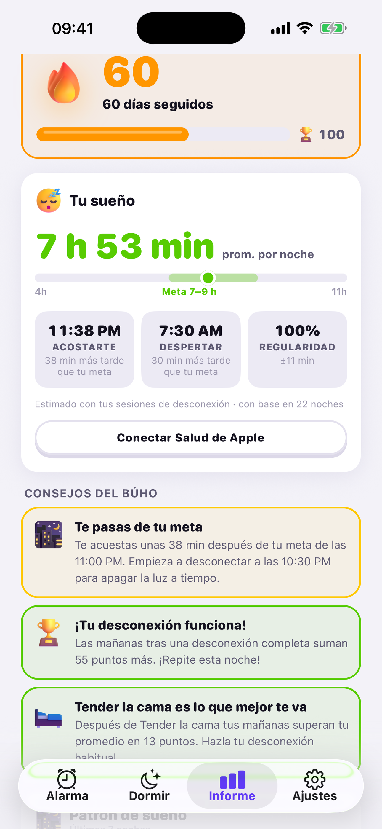 Sueño medio, hora de acostarte, de despertar y regularidad