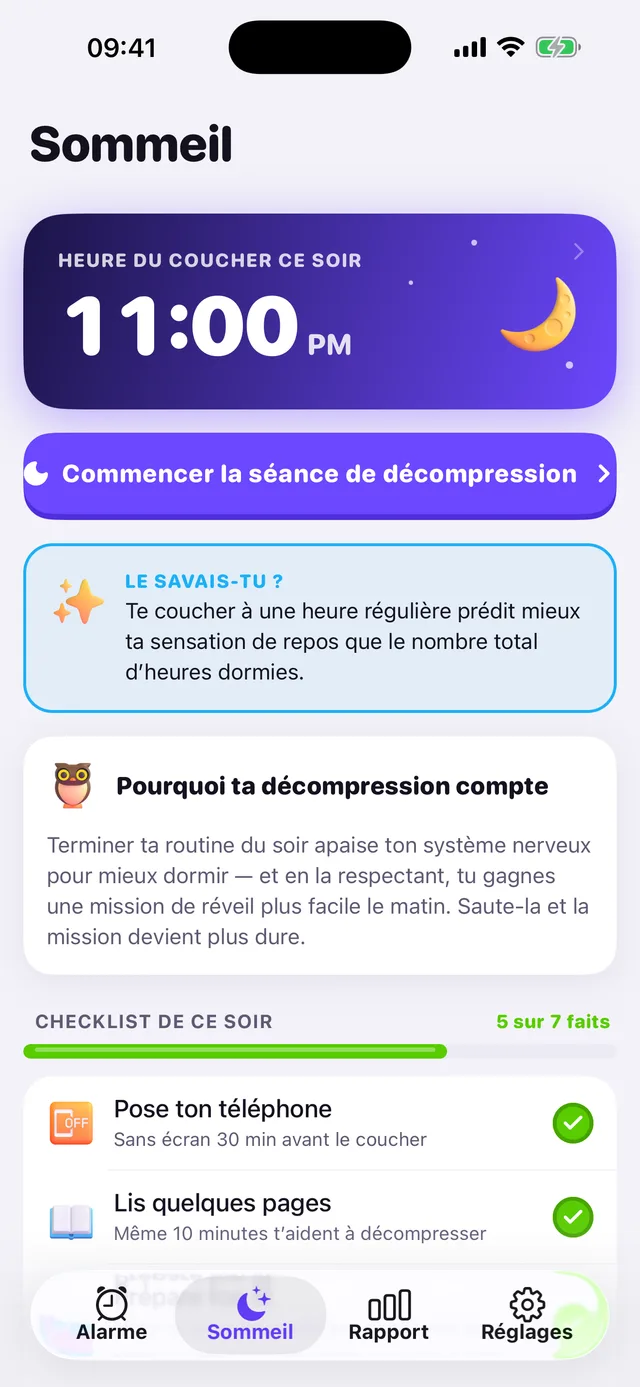 Écran Sommeil d'OwlRoutine avec l'heure du coucher et la checklist du soir