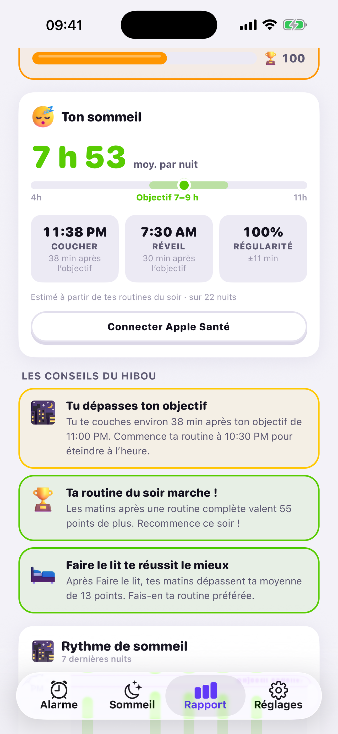 Sommeil moyen, heure du coucher, du réveil et régularité