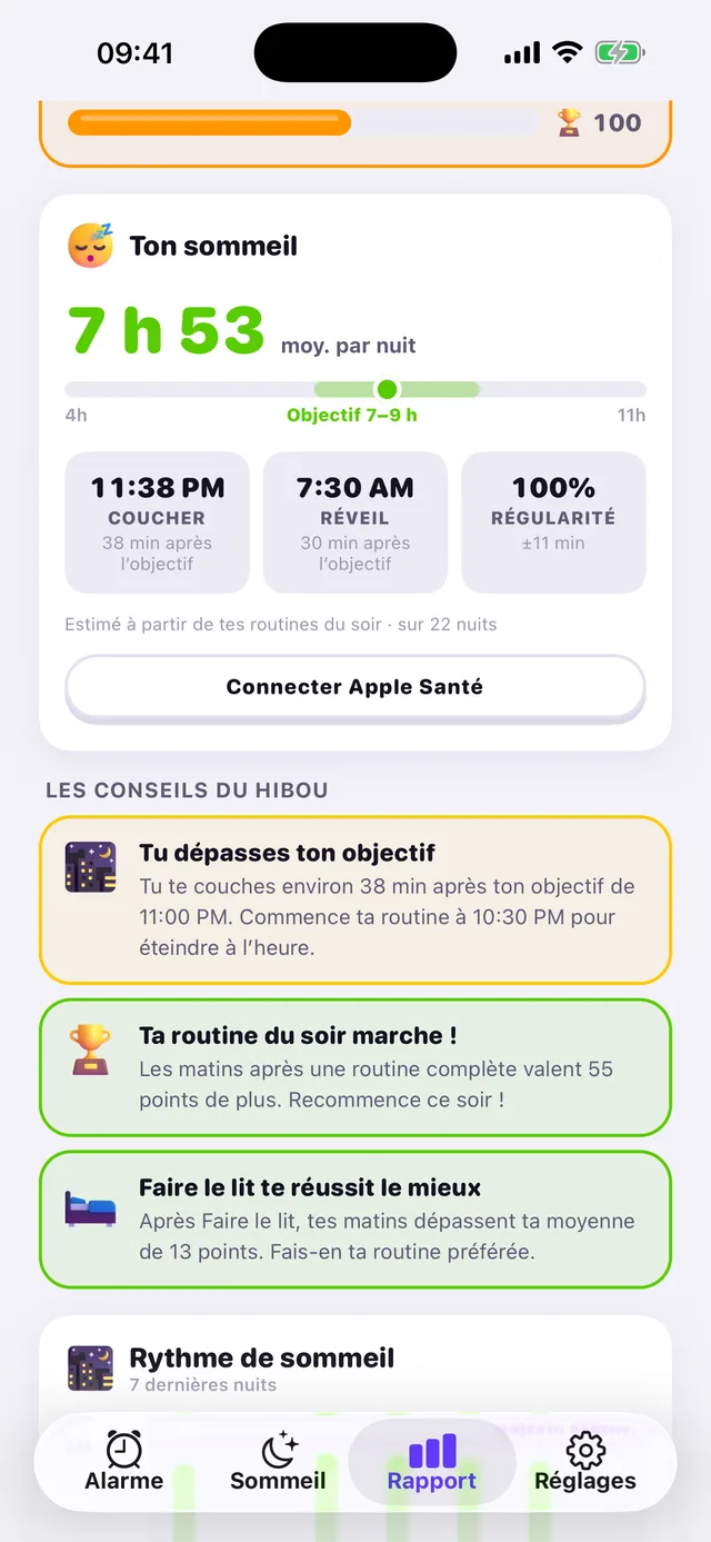 Les analyses de sommeil d'OwlRoutine — vos nuits en un coup d'œil