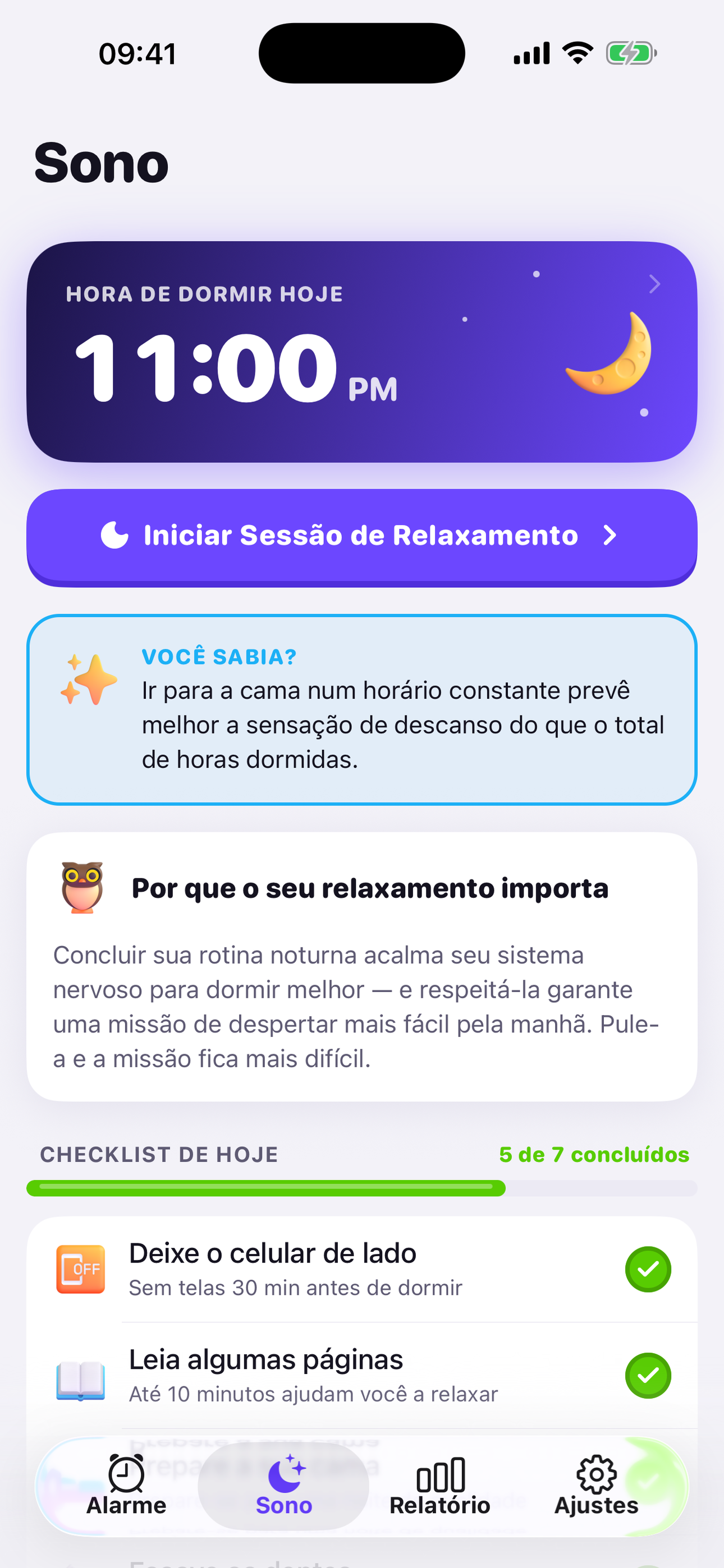 Hora de dormir e checklist da noite