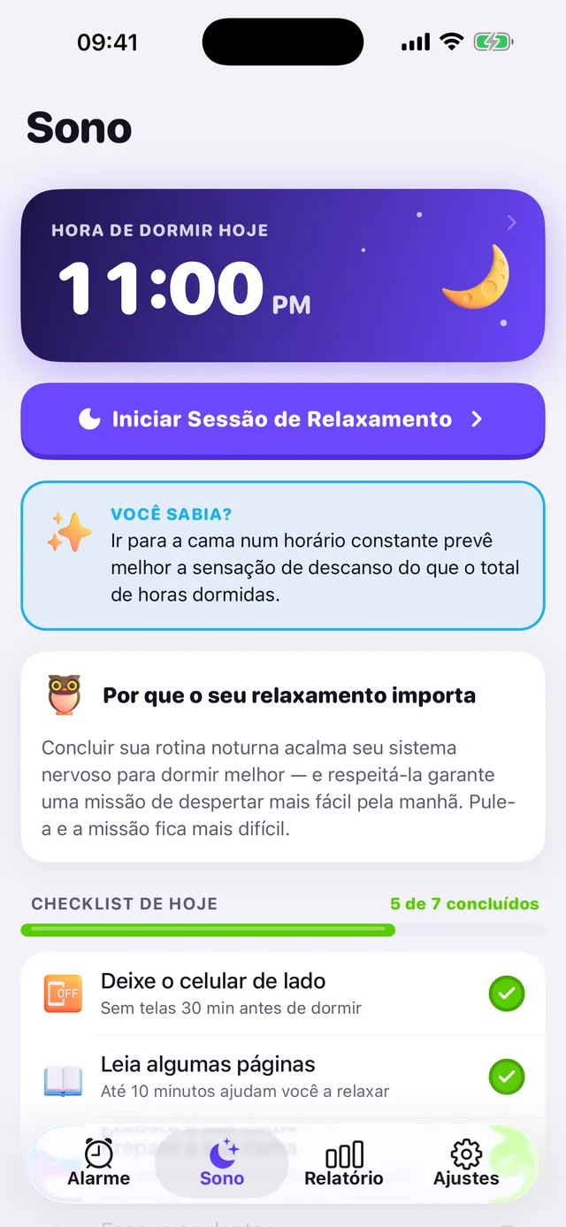 Checklist noturno guiado de relaxamento do OwlRoutine