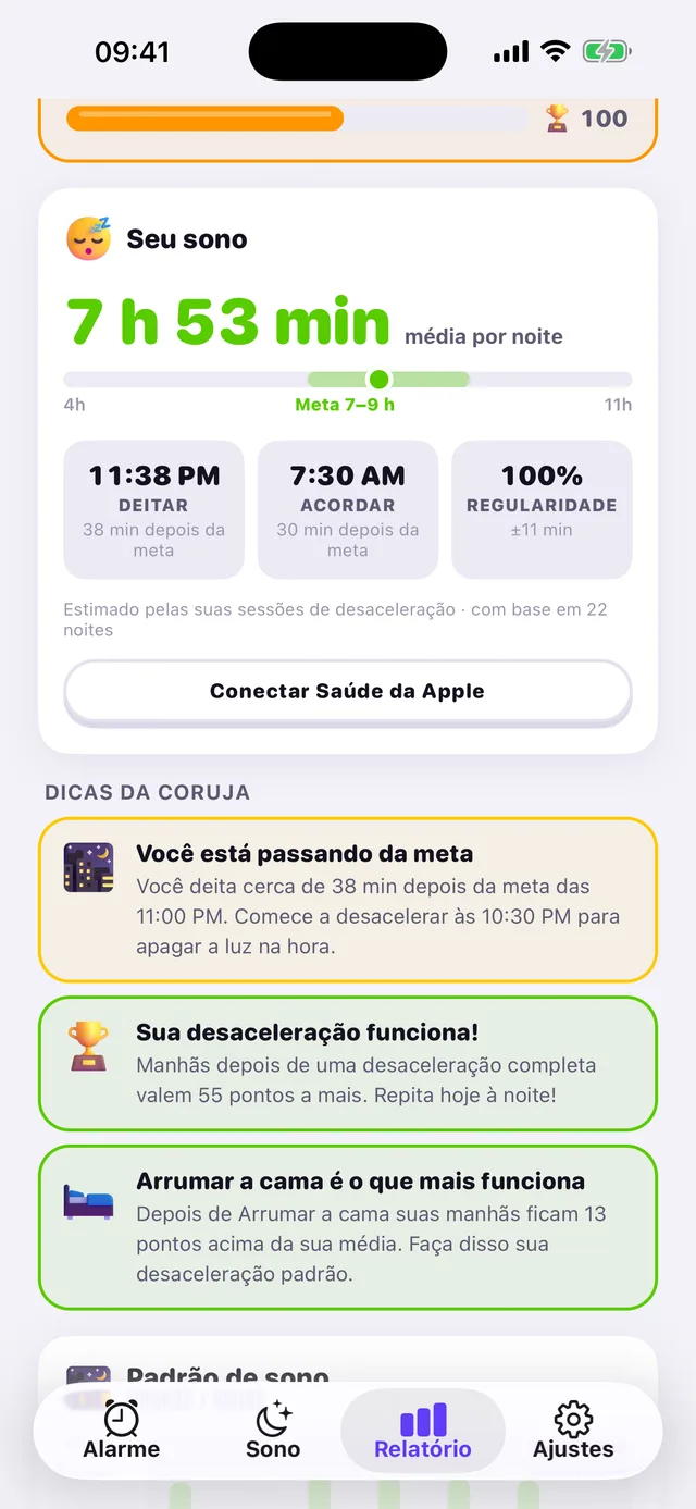 Análise do sono do OwlRoutine — veja suas noites de forma rápida